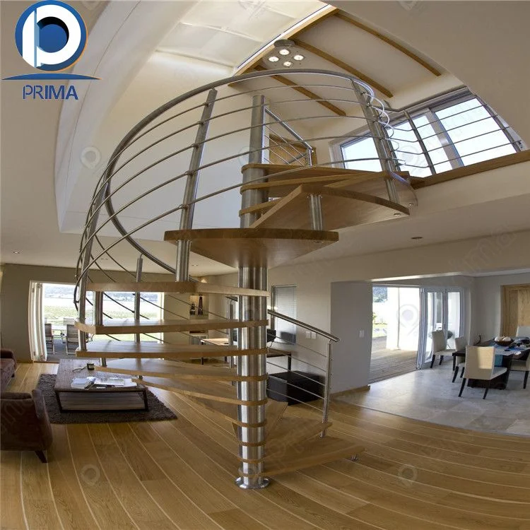 Prima Glass Carbon Steel Tread Spiral Stair Spiral Staircase Customized Luxury Modern Design Wooden