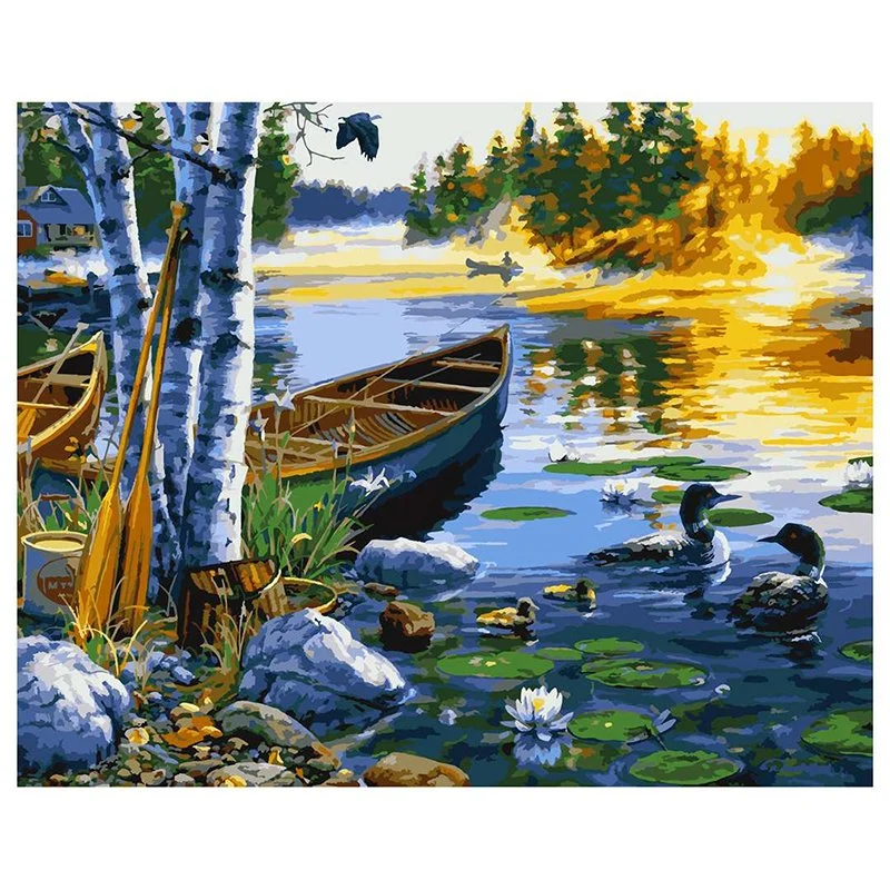 Boat and River Landscape Oil Painting Boat Paint Landscape Paintings with Wooden Frame Canvas