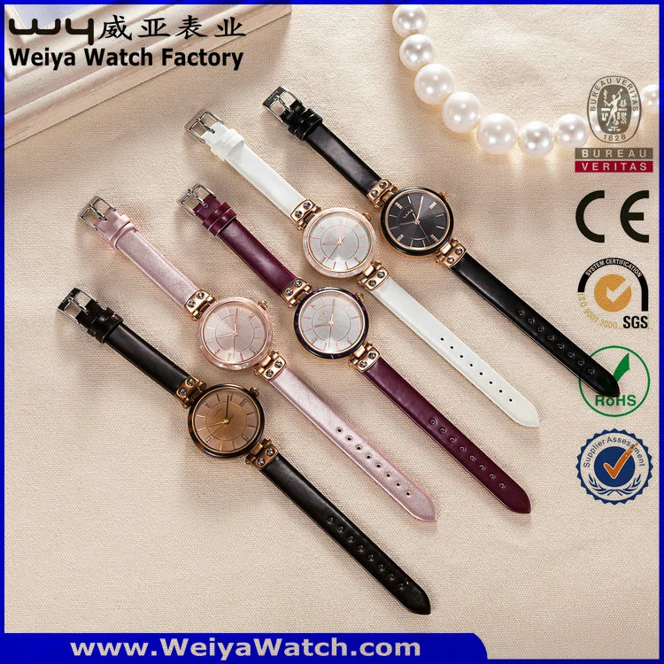 Fashion Vogue Leather Strap Quartz Ladies Wrist Watch (Wy-100D)