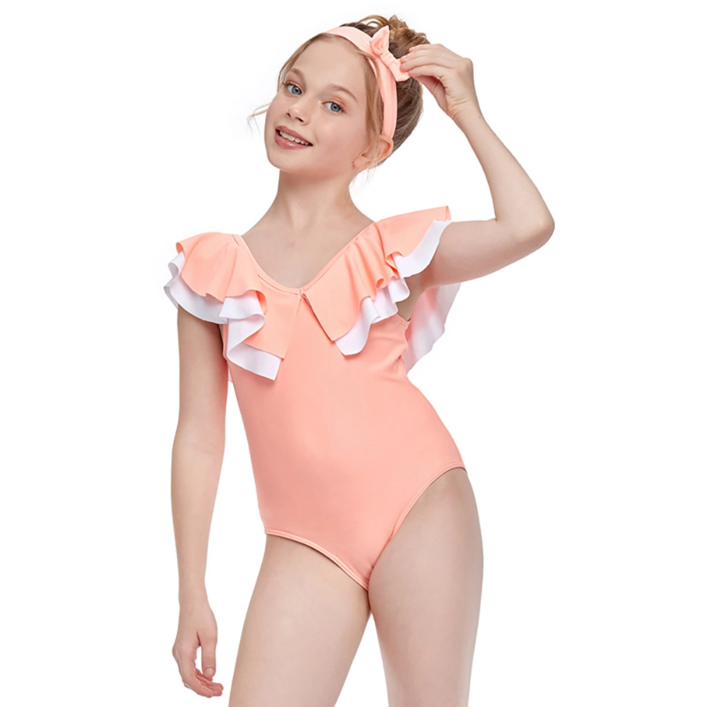 New European and American One-Piece Swimsuit Double Ruffled Children&prime; S Swimwear V-Neck Package Hip Solid Color Beachwear