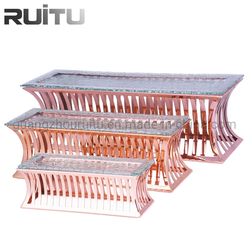 Tabletop Rose Gold Copper Rack Risers Long Glass Platters 4 Tier Hotel Buffet Dessert Sweet Server Ladder Set Food Stand Display