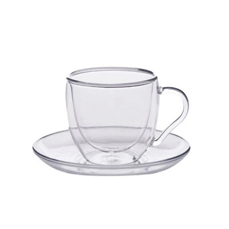 100ml 200ml 250ml 300ml Clear Handgefertigte Borosilikatessen Doppelwand Glas Blume Tee Tasse Tasse Tasse Tasse Teeset mit Griff Und Platte