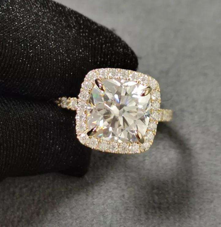 Прованс Moissanite украшения чистого 14K желтого золота подушки 2.5CT Cut Diamond Moissanite Halo включение свадебные кольца