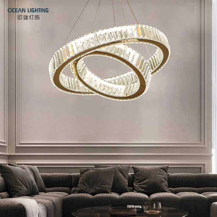 Luz colgante de cristal LED grande en forma de círculo, contemporánea, de lujo y moderna para decoración interior con iluminación oceánica