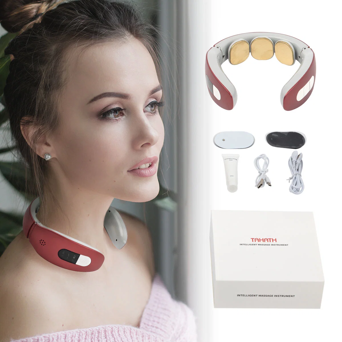 Tahath Handheld Wireless Smart Neck Massager Multi Function 3 Heads Massager Device for Relief Muscle Constant Temperature Hot Compress