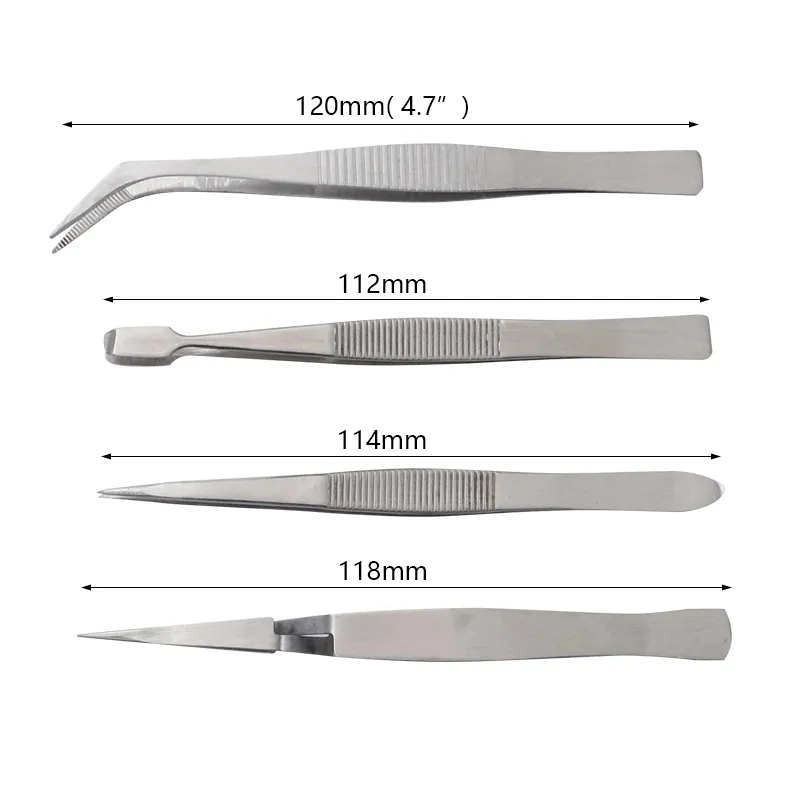 4PCS/Set Precision Tweezers Stainless Steel Thick Electronics Forceps Eyebrow Tweezers Anti-Skid Makeup Repair Multi Tools