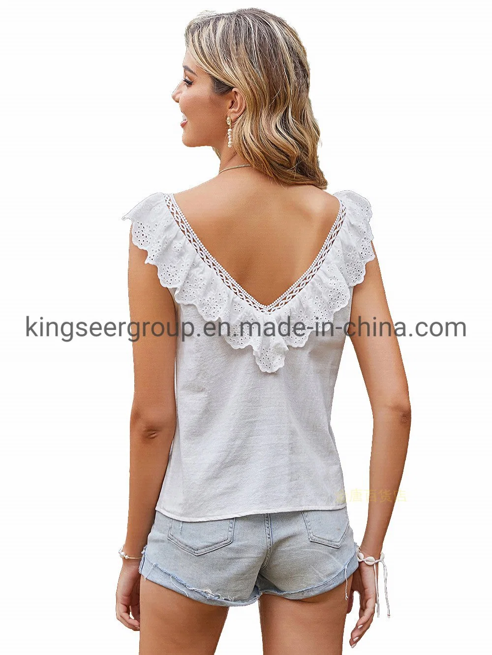 Ruffled White Lace V-Neck Tops Vest T-Shirt