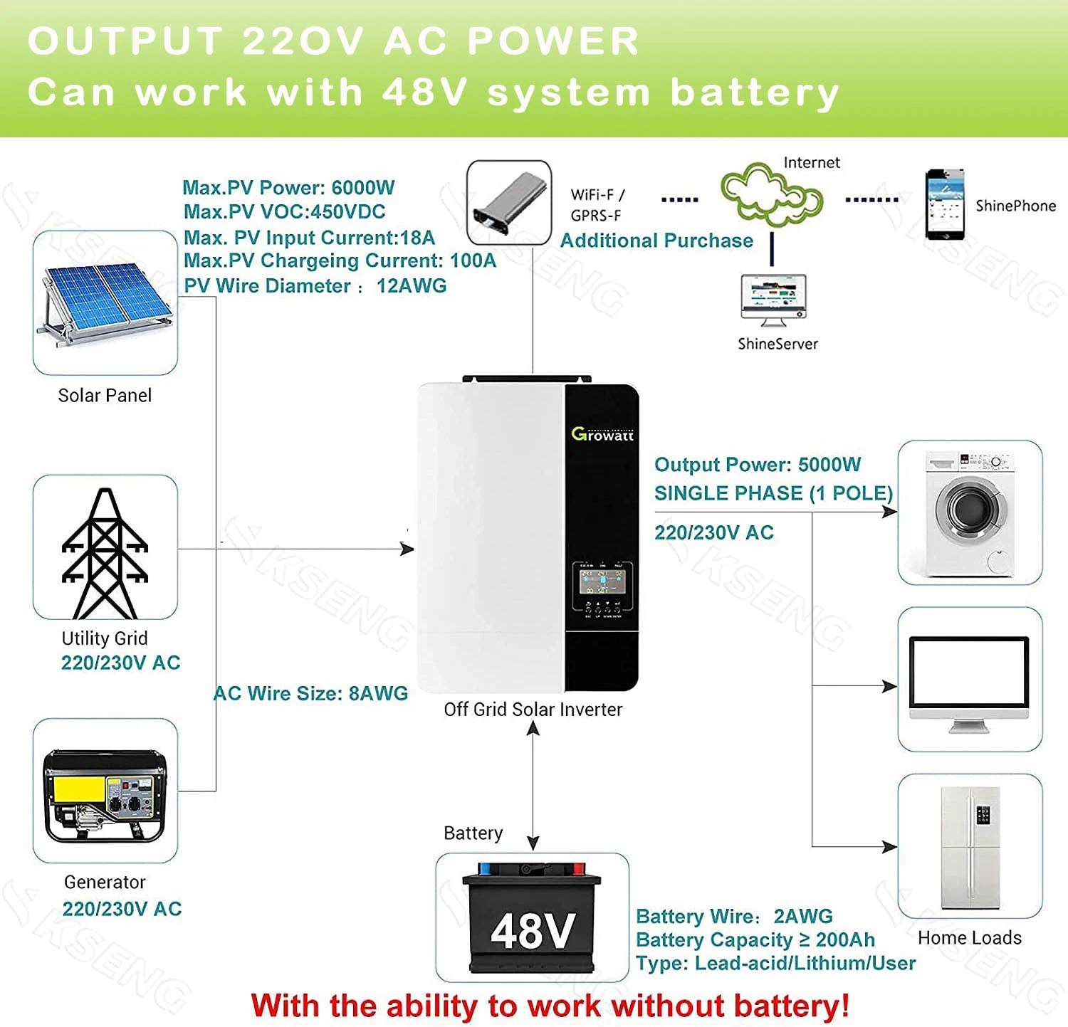 in Sock Pure Sine Wave Solar Converter 5kw Hybrid off Grid Solar Inverter SPF 5000 Es Growatt