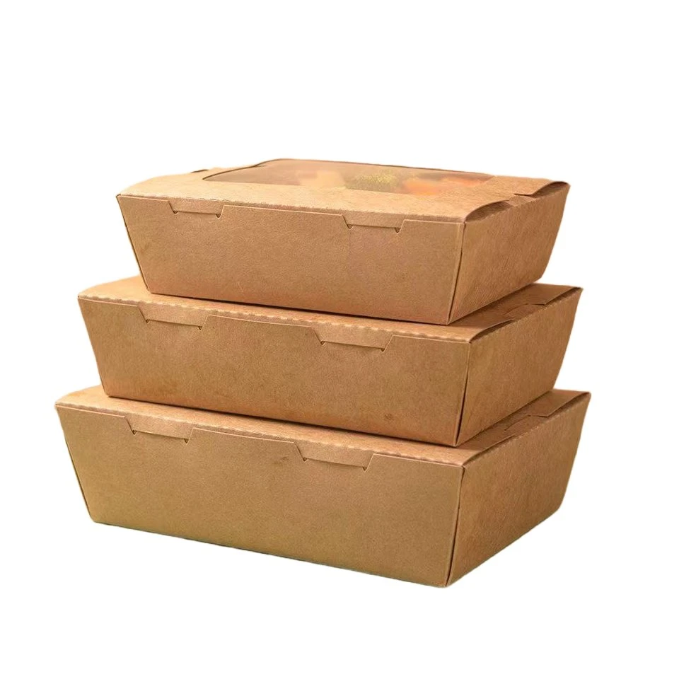 Eco-Friendly Kraft Paper Lunch Box with Plastic Lid for Food Packing