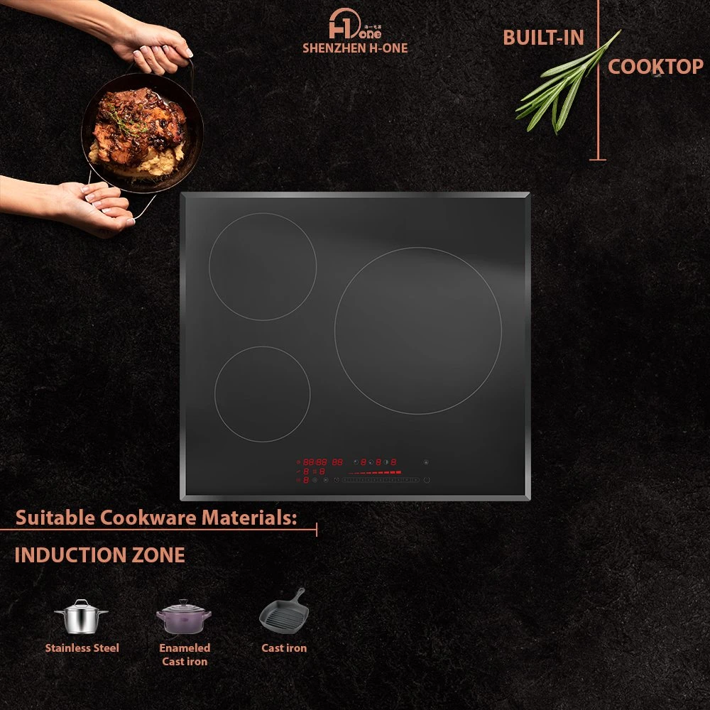 Dropin 60cm 3 Burners Induction Plate with Metal Body and Sleek Glass Surface