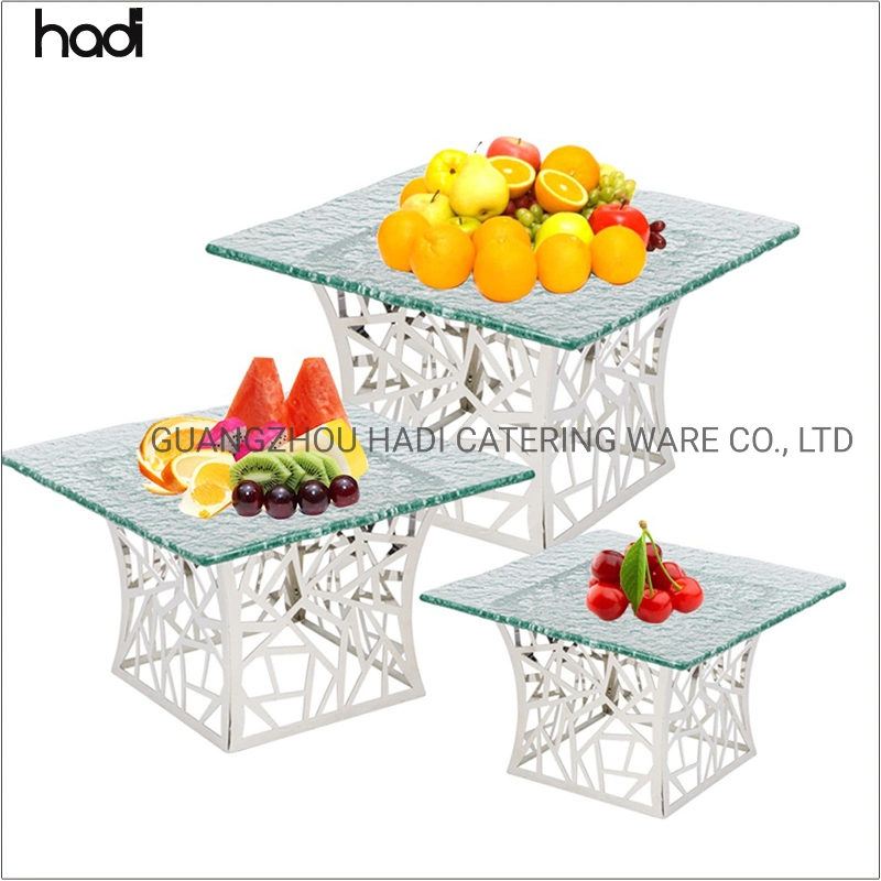 Guangzhou Catering Bodas Tema Desayuno Buffet Stand Square Hotel rack vertical de los alimentos modernos de acero inoxidable Oro Pedestal de Té