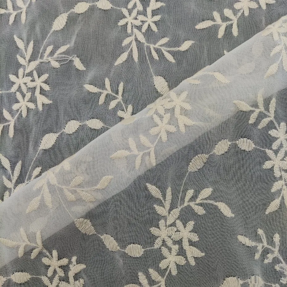 Polyester Chiffon White Leaf Flower Embroidery Fabric for Garment Fabric Dclothes