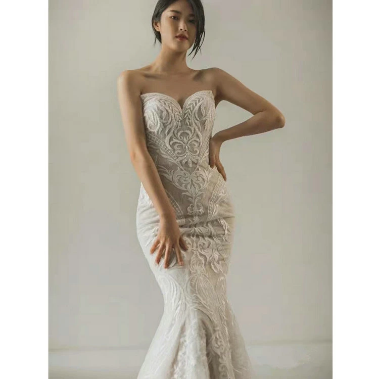 Wedding Dress Spring/Summer 2022 New Lace Beaded Tube Top Collar Long Sleeve Light Luxury Slim Tail Bridal Wedding Dress