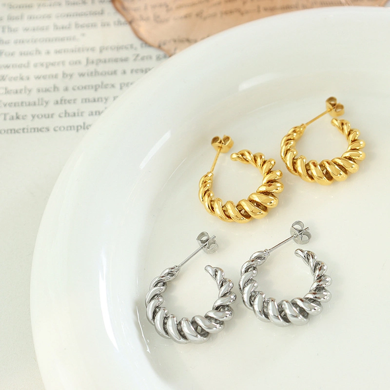 Fashion Brass Gold Plated Geometric Hollow C Shape Twisted Croissant Design Hoop Stud Earring Jewelry for Women Girls