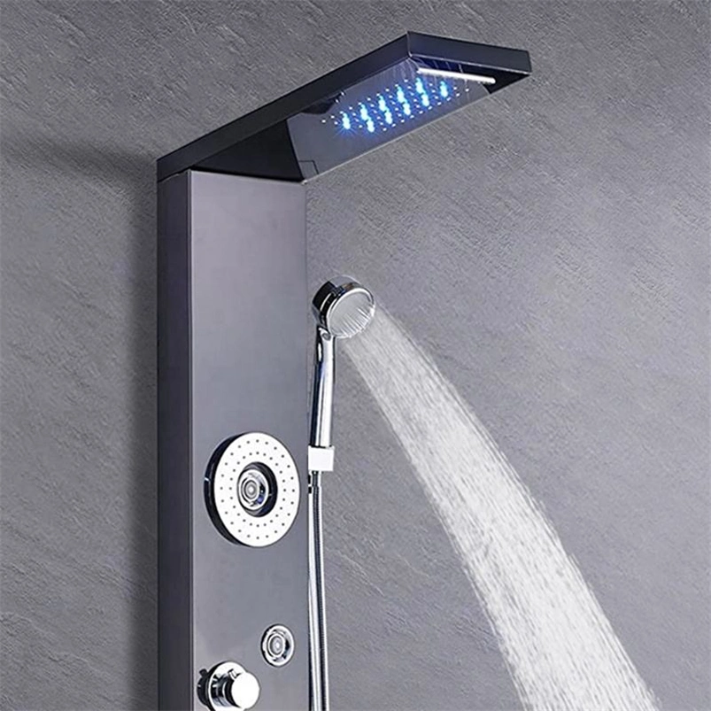 Acero Inoxidable Negro moderno en la pared del Panel de ducha con cascada, masaje cuerpo chorros de agua, luces LED, y una sola palanca para baños Apartamento