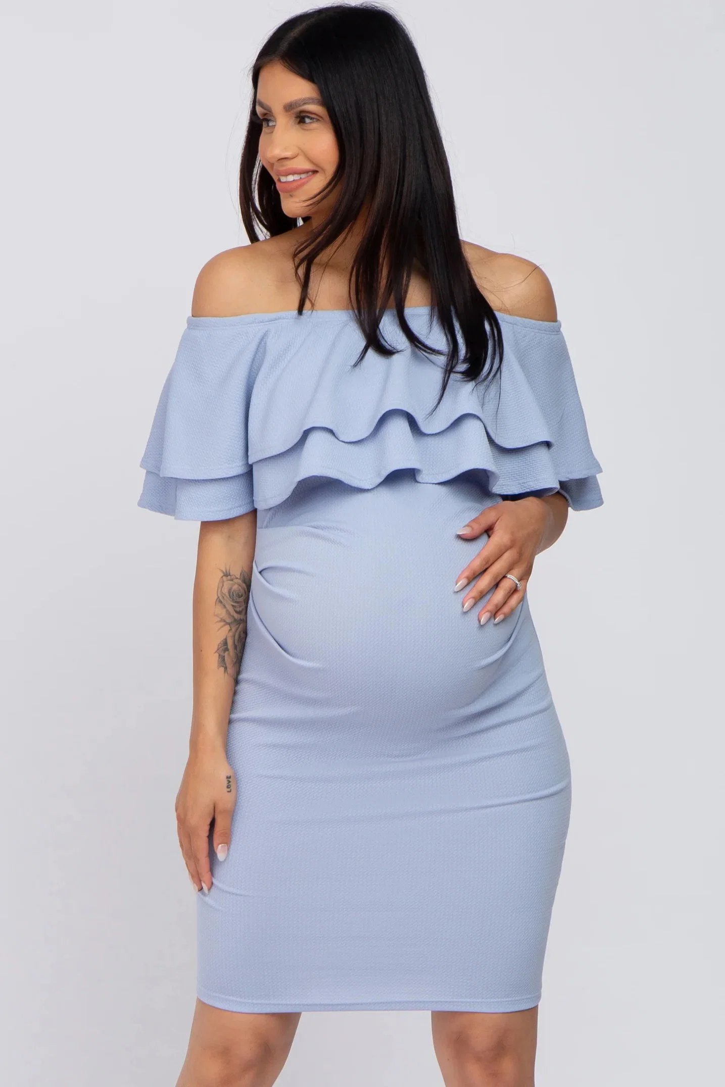 White off Shoulder Ruched Maternity Dress