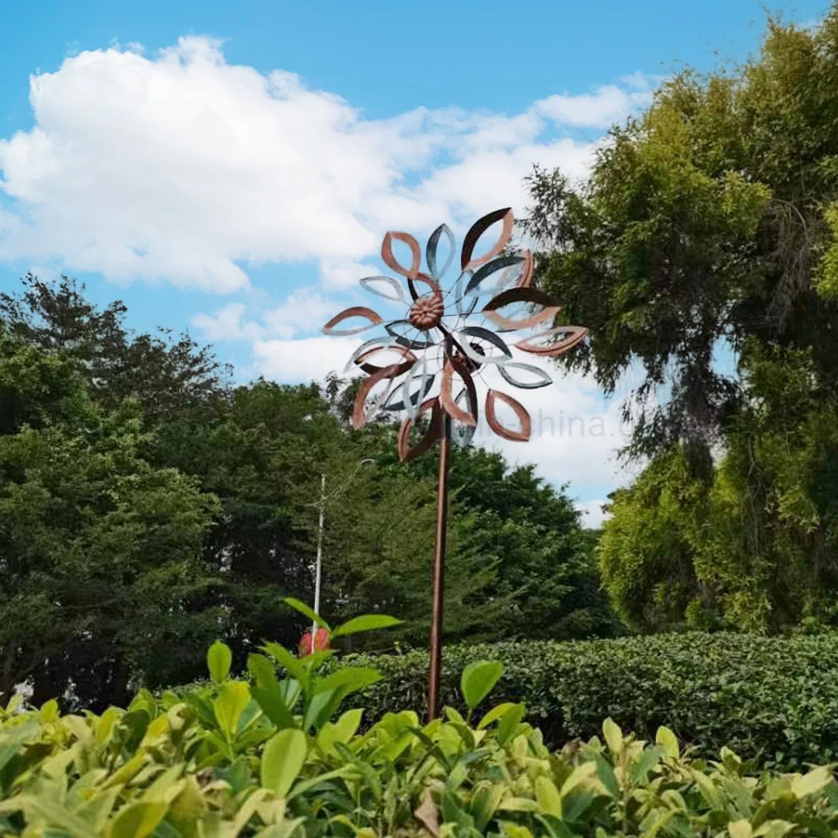 Floral Cutout Jumbo Garden Stick Antique Bronze Patina Colored Metal Craft Windmill Wind Spinner for The Garden Decoration in 75 Inch Tall