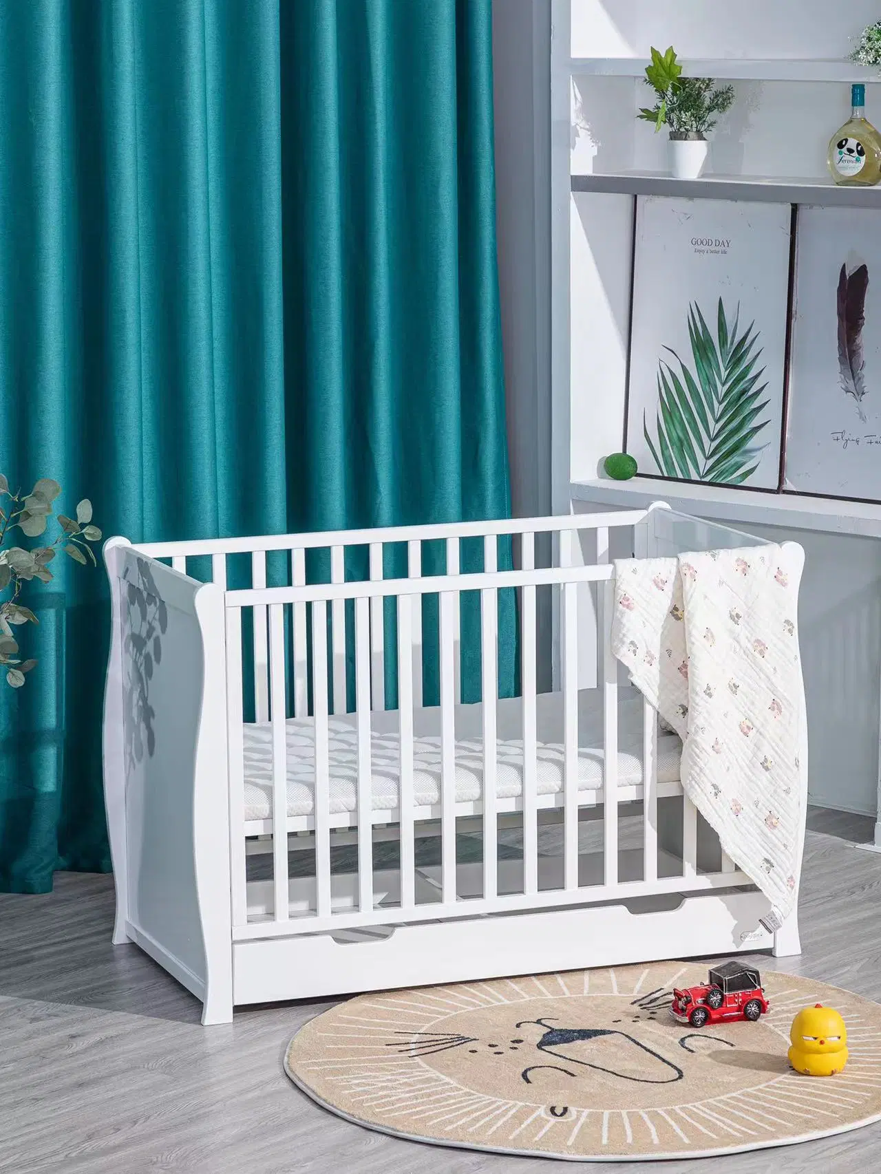 Conforto de madeira sólida Fornecedor Fábrica grossista Creche Casa moderna de Infância Quarto bebê crianças crianças Infant mobiliário para bebé com trilhos e Bassinet