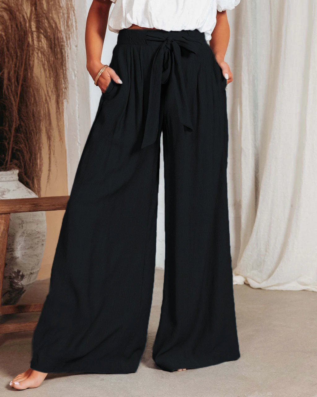 OEM ODM Service Women Breathable Solid Color Wide-Leg Pants Trousers for Summer