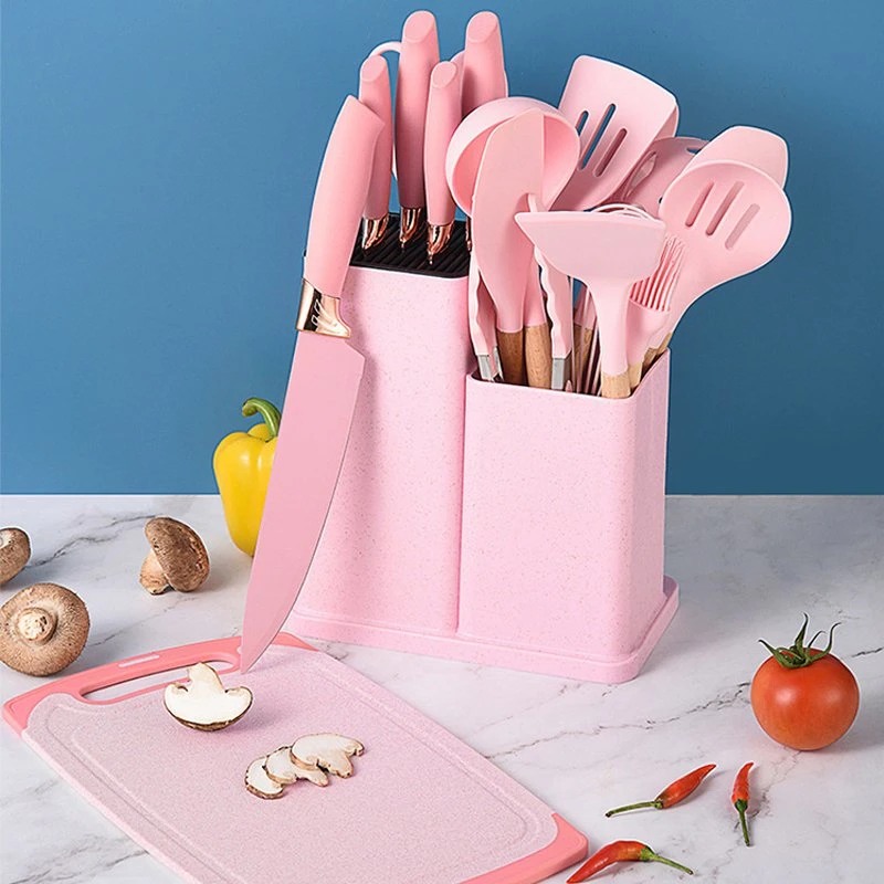 19-Piece Kitchen Gadget Tool Silicone Kitchen Utensil Set with Wooden Handle and Cuttings Board Storage Bucket