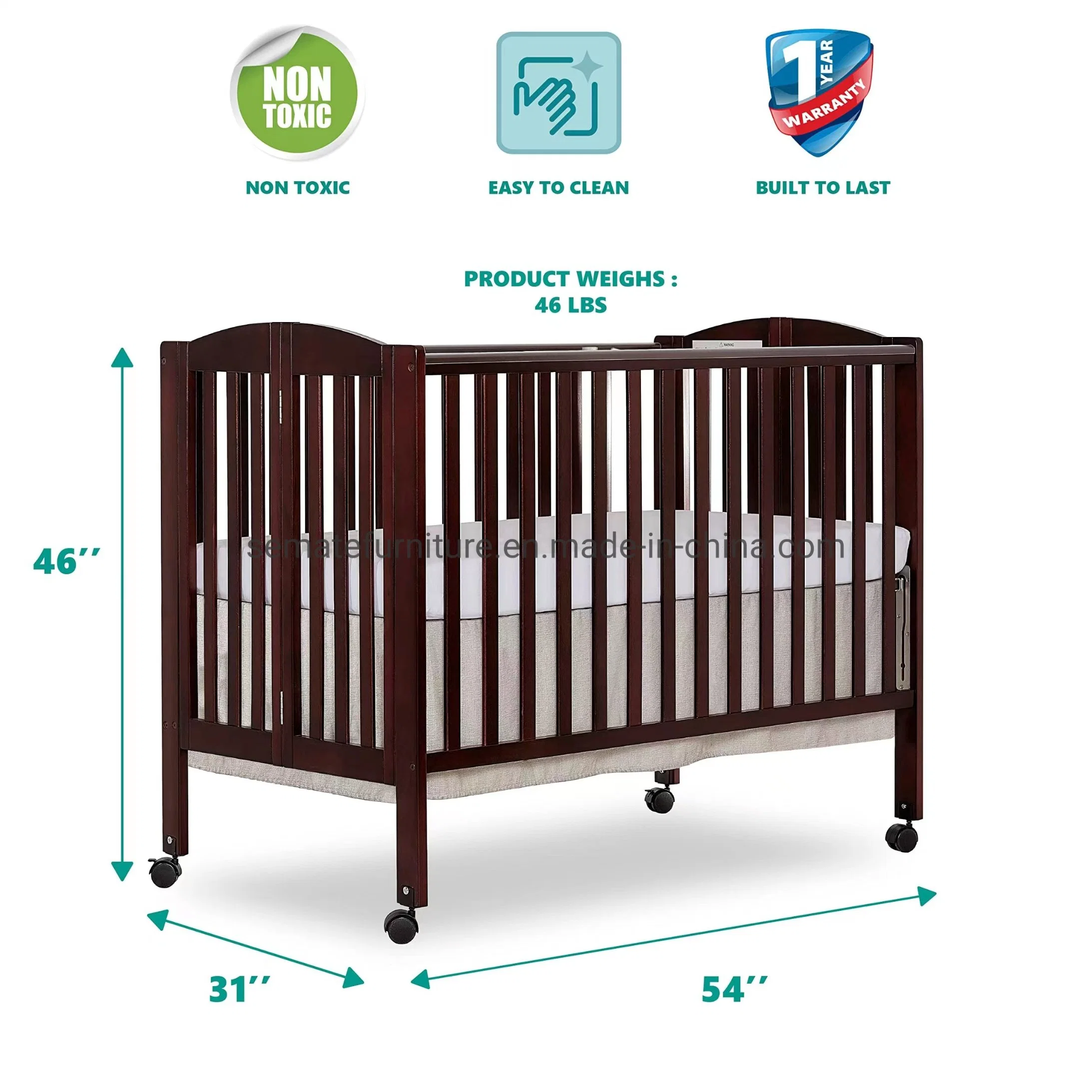 Robuste de haute qualité mobilier pour bébés Bébé Mobile Lit bébé pleine taille de 3-en-1 côté fixe de pliage Lit pliant crèche portable