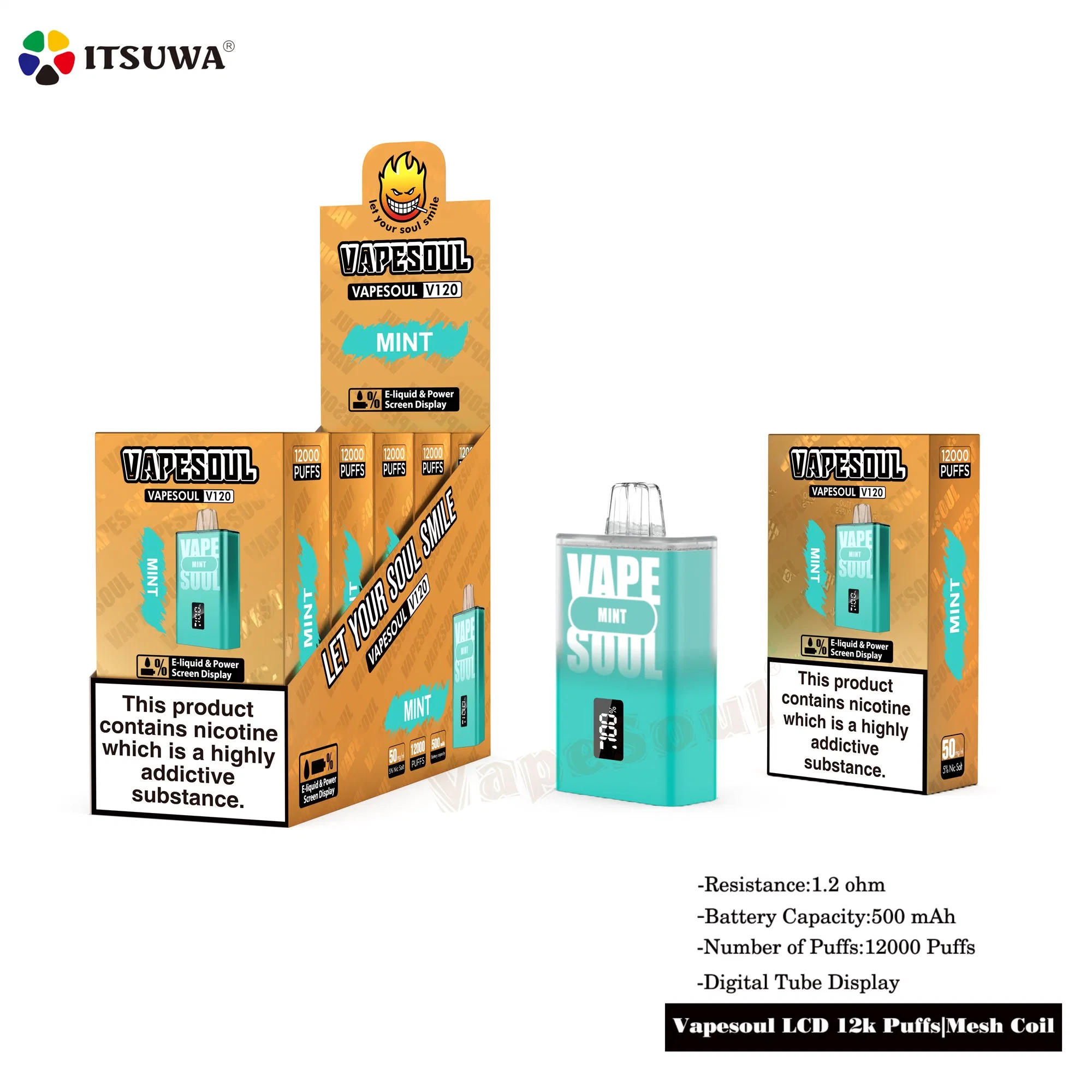 China Shenzhen Factory Venta directa recargable desechable VAPE Pen Vapesoul LCD 12, 000 Puffs 20ml E-Liquid 0% 2% 3% 5% nicotina E-Cigarette con Power Display