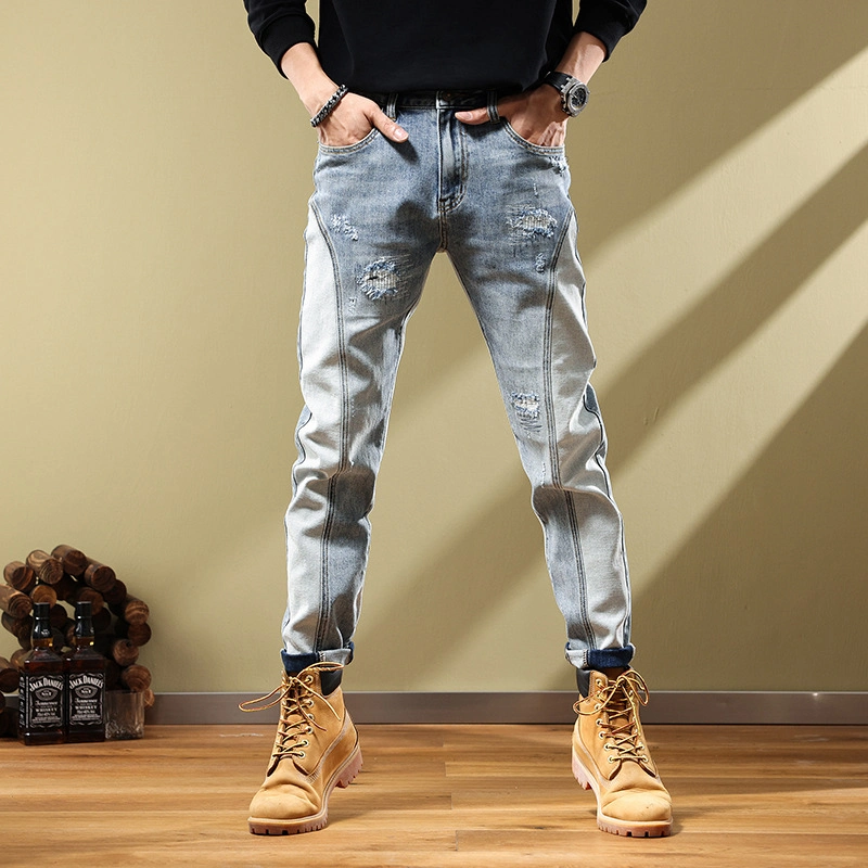 Spring and Autumn Splicing Jeans Ripped Tide Ins High Street Men&prime; S Tide Brand Elastic Slim Embroidery Patch Locomotive Small Foot Pants (CFJPM-020)