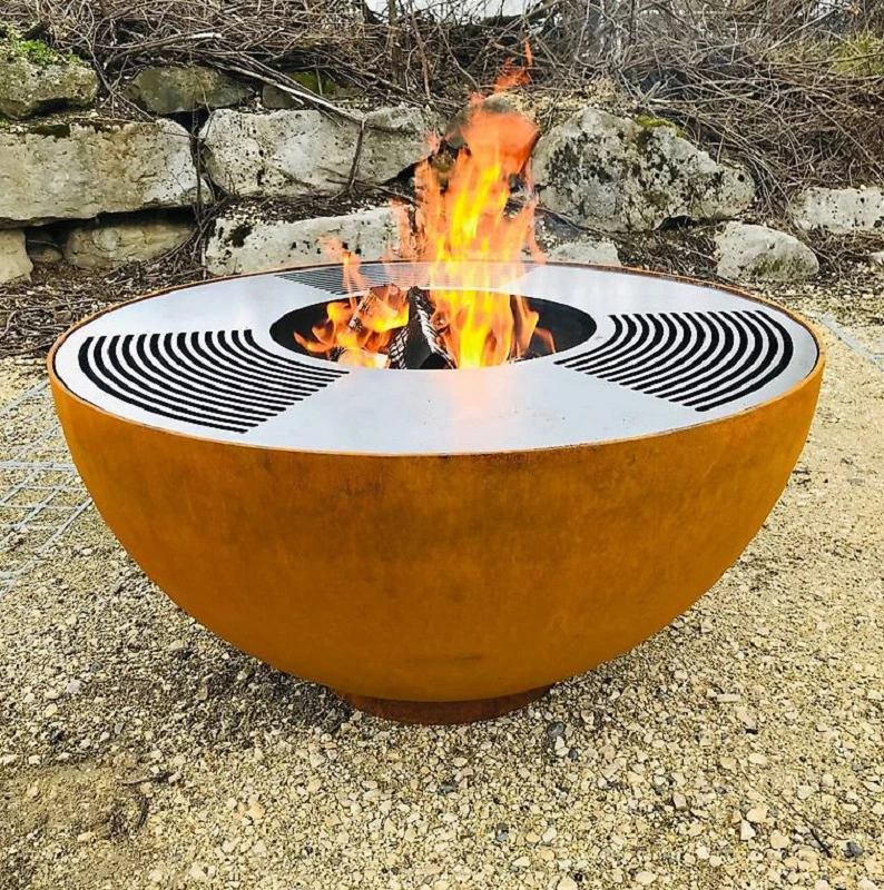 Corten Steel Fire Bowl Barbecue with Grill Ring/Cooking Ledge in Stainless Steel