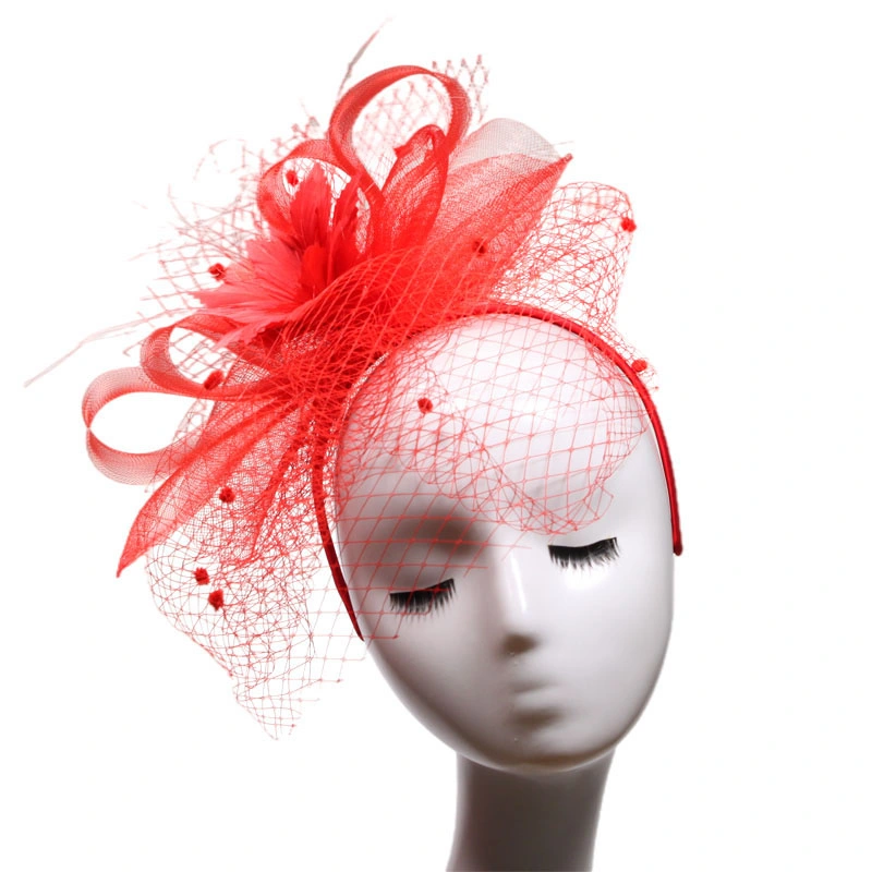 Fashion Ladies Hair Accessories Pink Net Yarn Flower Hair Band Feather Mesh Fascinators