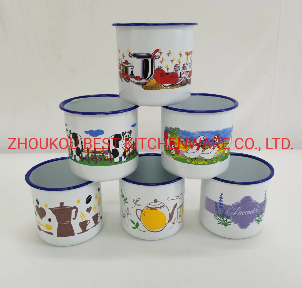 Blue Rim 390ml White Enamelware Mug with Verious Designs Enamel Cup