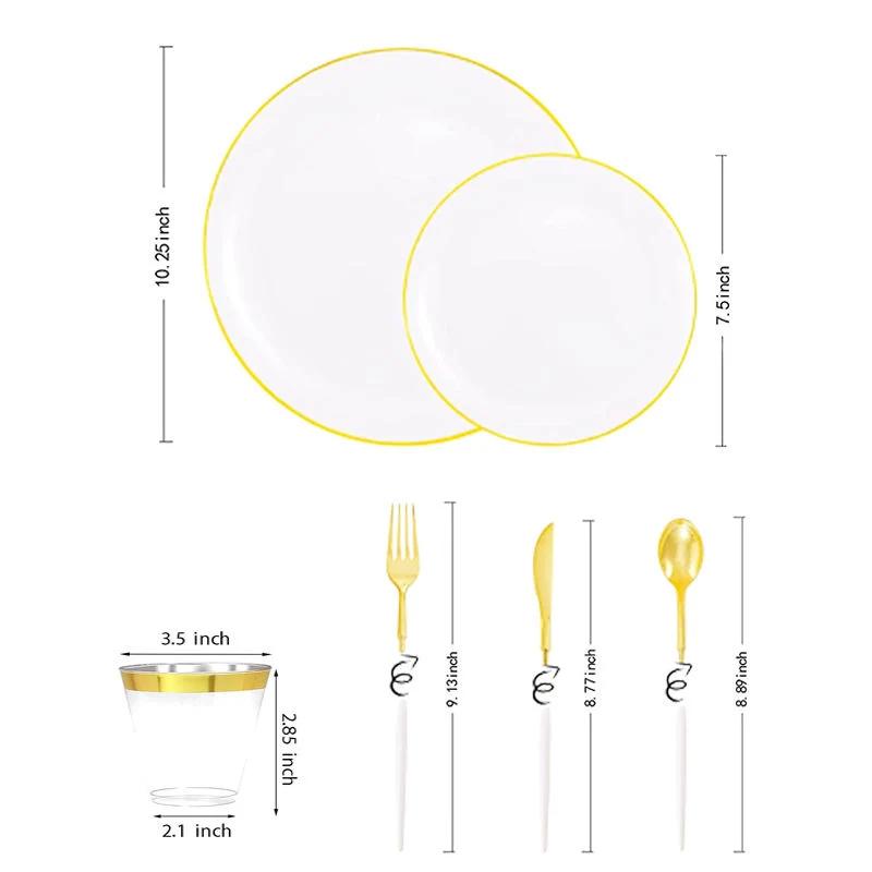 Dinner Plates and Cups China White Gold Rim Wedding Flatware Sets Black and Gold Simple Design Dinner Set