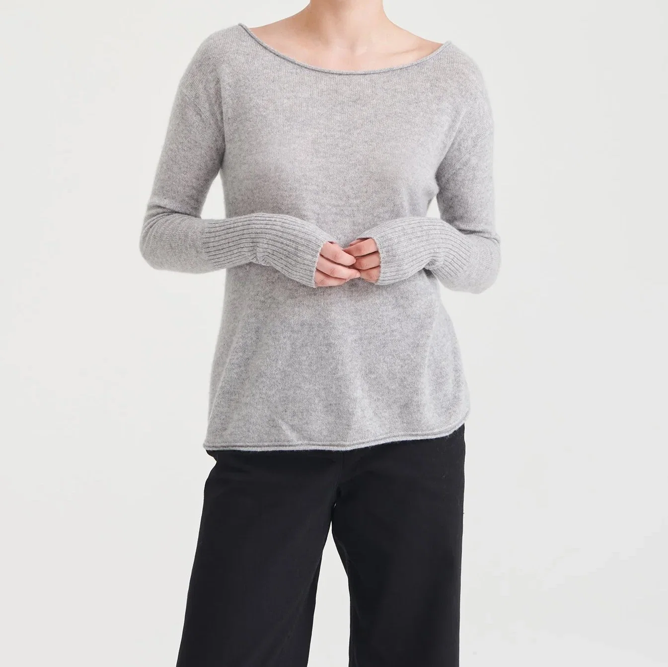 100% Cashmere Knitted Rolled Edge Boat-Neck Ladies Fashion Sweater Apparel