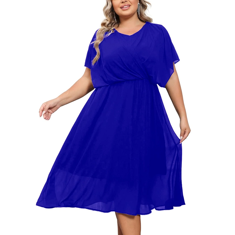 Ladies Plus Size Chiffon V Neck Wedding Guest Office MID-Length Formal Cocktail Party Dress Designs Summer Clothes for Women