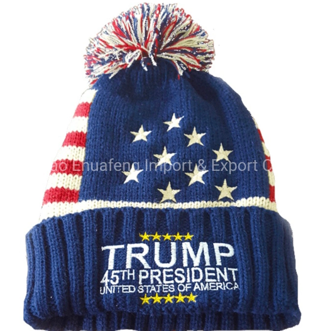 Wholesale Fashion adulte jacquard broderie American Flag Cable Knit hiver Bonnet 45e bonnet de président POM
