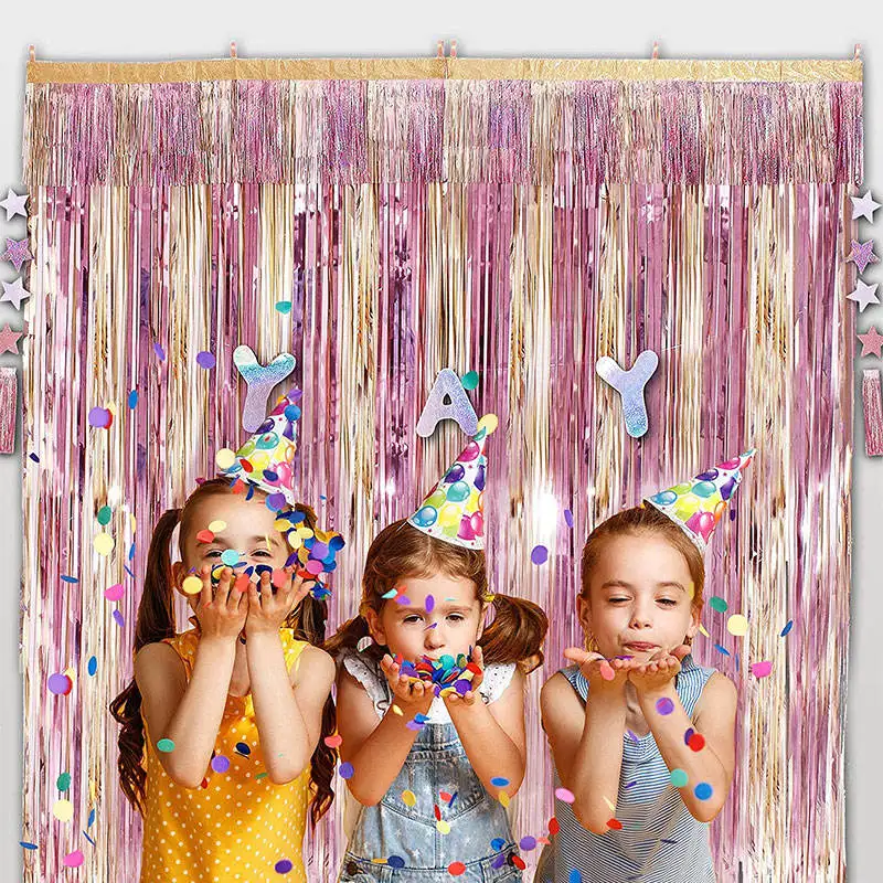 Birthday Party Backdrop Decoration Pink Star Window Door Tinsel Foil Fringe Curtains