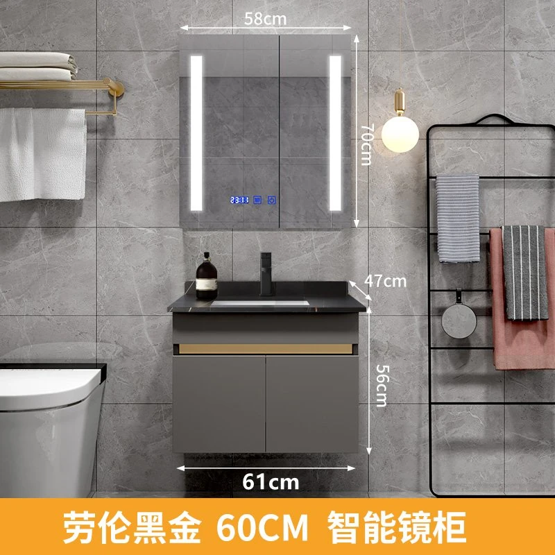 Modern Luxury Grey Color Hotel Wall Mounted Bathroom Vanity Cabinet Bathroom Vanities Cabinets with Rock Beam Counter Top, Ceramic Sink, Smart Mirror, LED