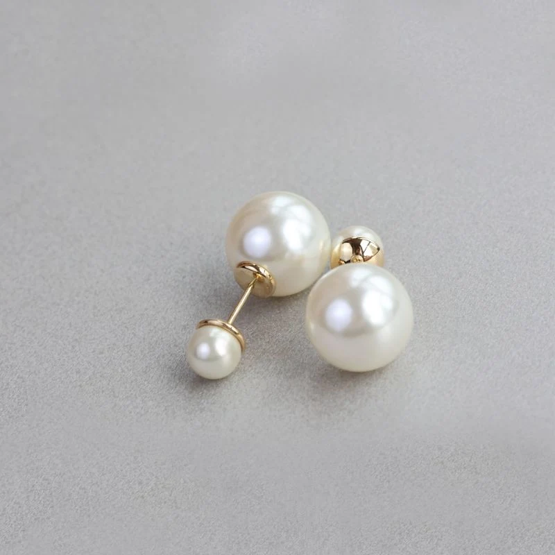 DiamondX Mother's Day Gift 18K Solid Gold Double Pearl Front and Back Stud Earrings