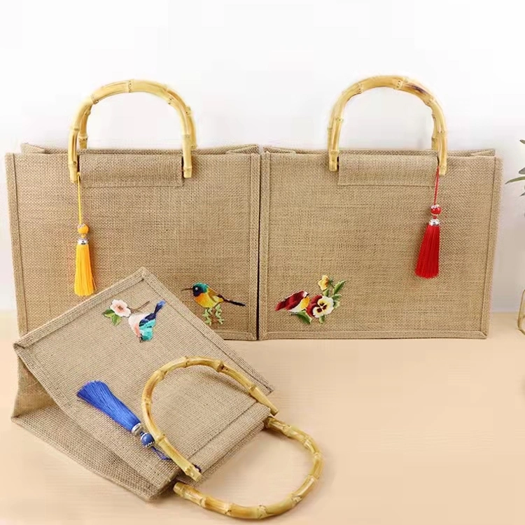 100% Recycled Jute Tote Ladies Shouler Shopping Bag with Bamboo Handle Burlap Jute Beach Tote Bag Promotional Eco Gift Tote Bag