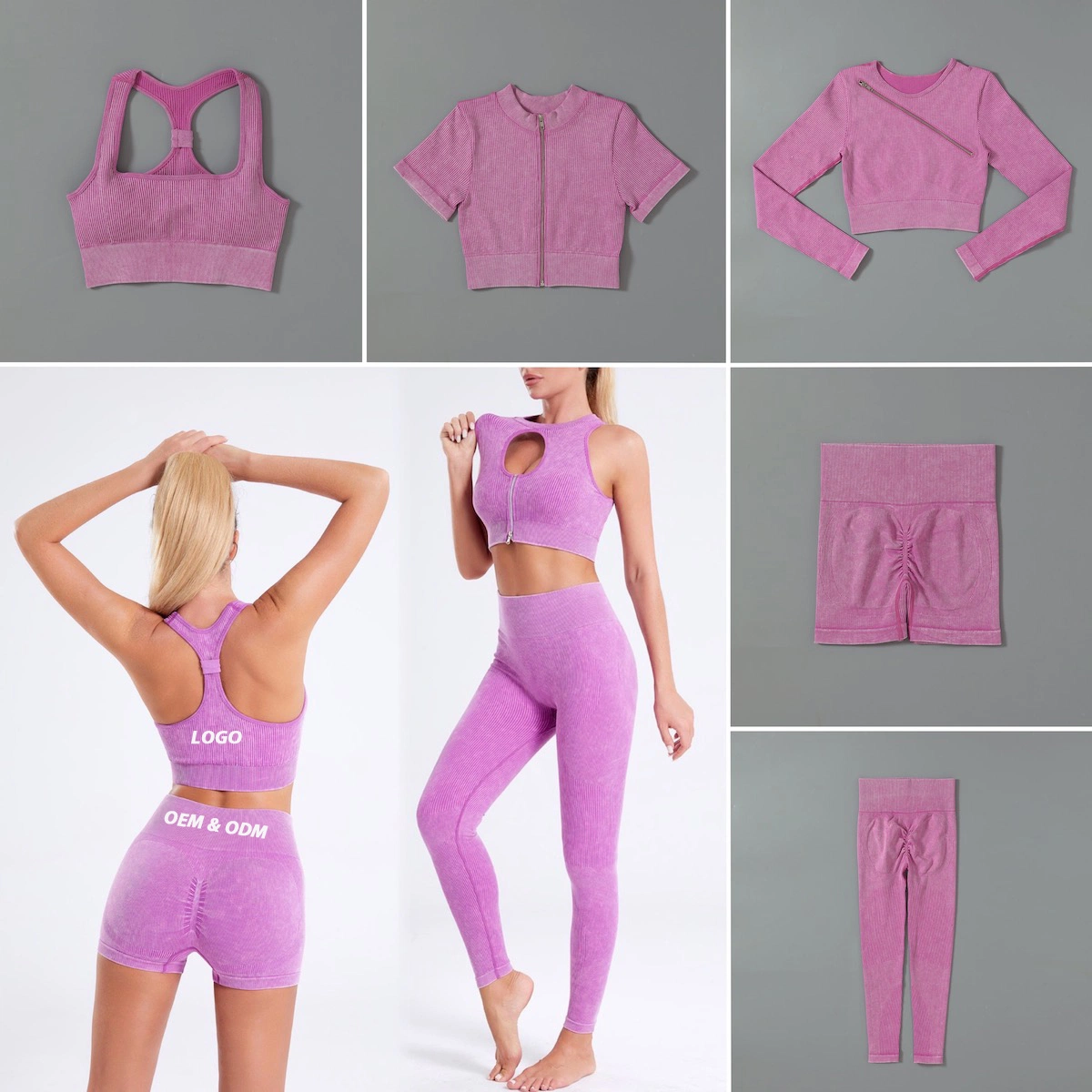 Hot Sexy 2/3/4/5/6 Stück Jeans-Stil Washed Butt Lifer nahtlose Gym Kleidung für Frauen, stilvolle Workout Tops + kurze Leggings Activewear Bodybuilding Bekleidung