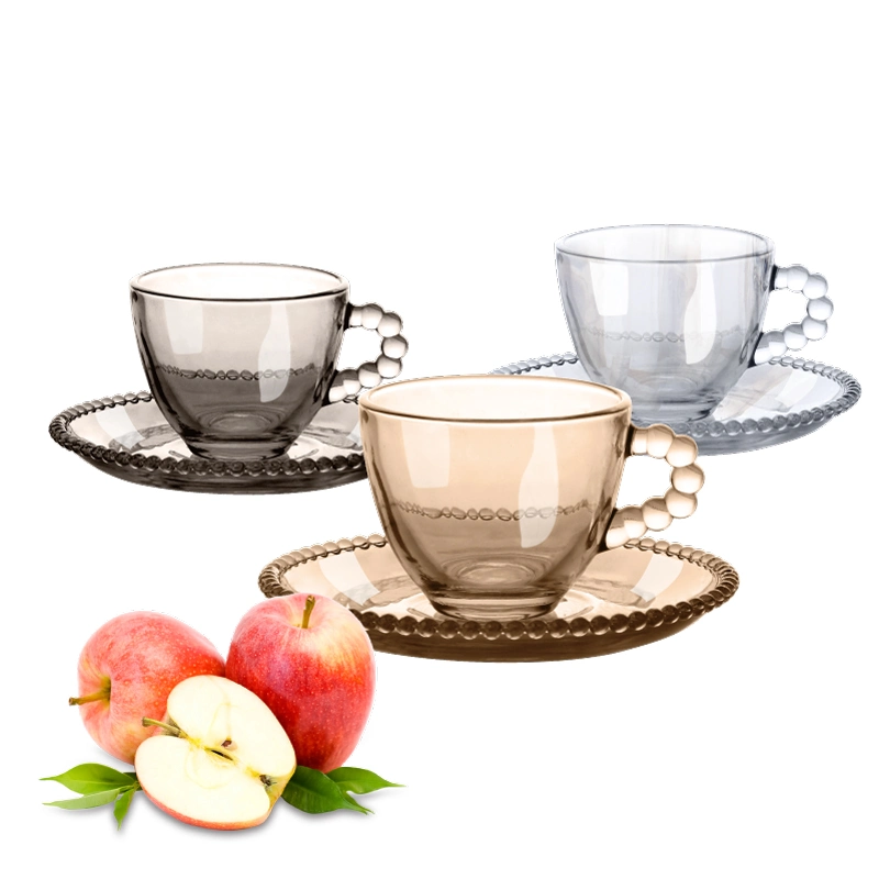 High-Quality Turkey Colored Luxury Glass Coffee Espresso Milk Mug Cup Saucer Set with Engraved DOT Handle for Office After-Lunch Time