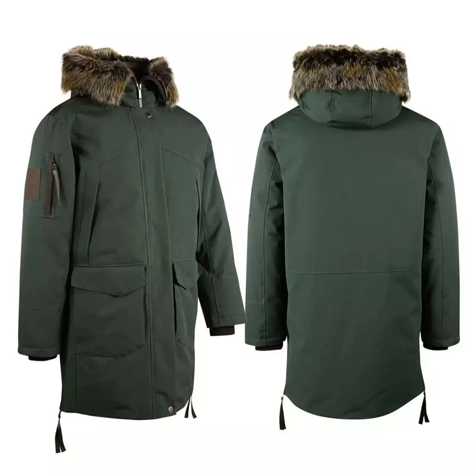 OEM de los hombres de negocios Collar de Piel de gran tamaño del ejército de llanura Puffer chaqueta con capucha verde anorak