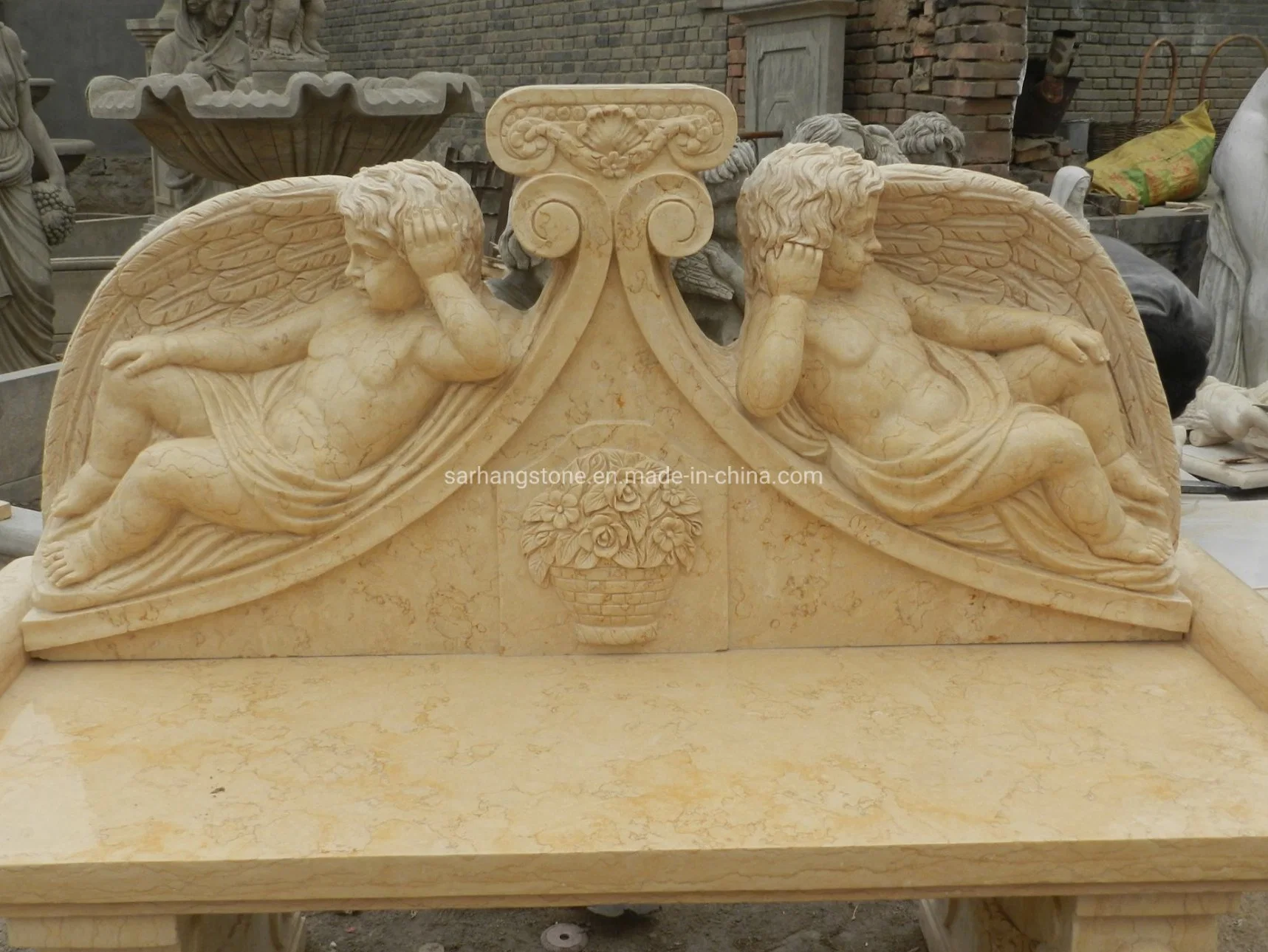 Outdoor Decorative Marble Stone Carved Angel Statue Benches Stone Carve Bench