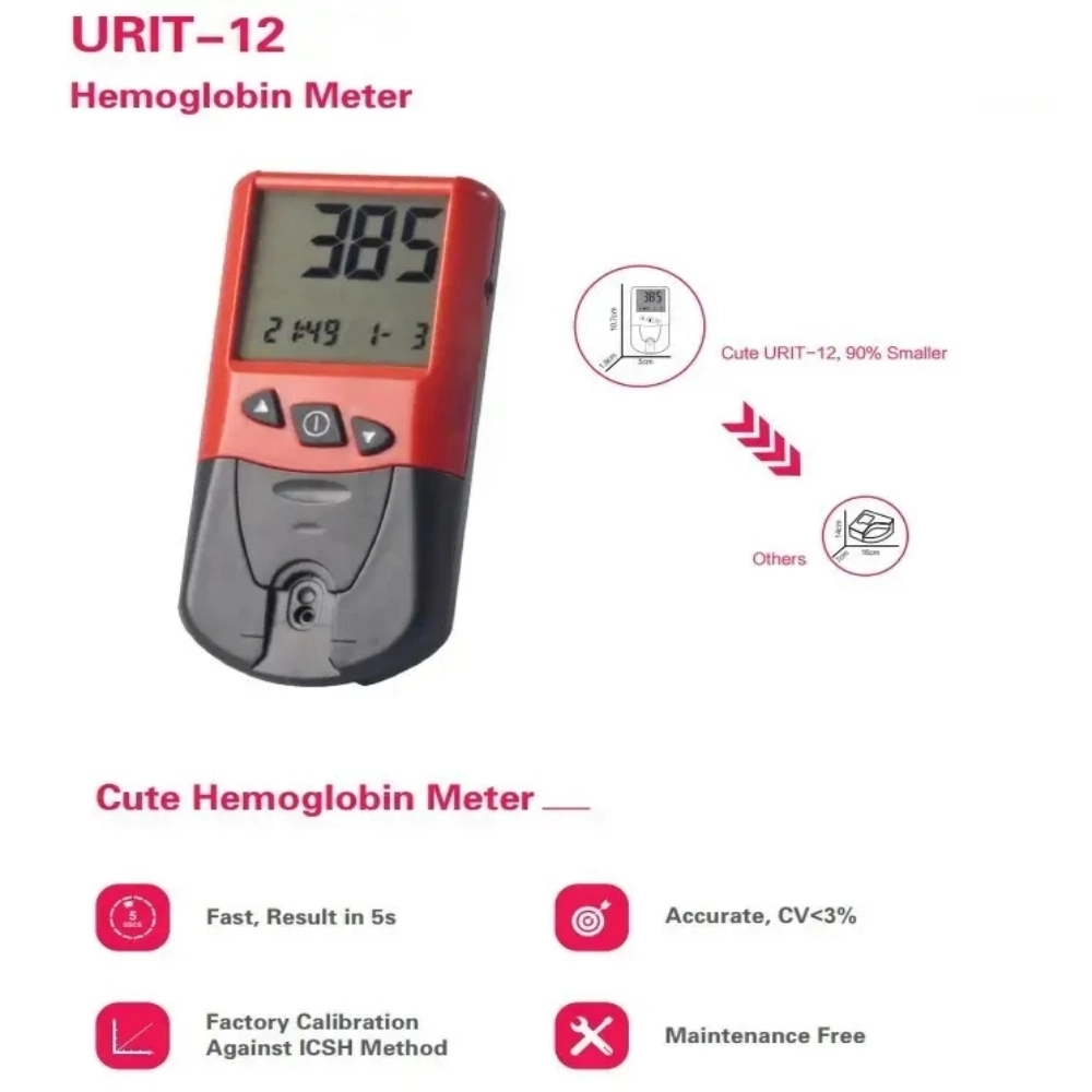 Test Within 10 Seconds Portable Hemoglobin Meter Machine Urit-12 with Free Blood Collection Needle