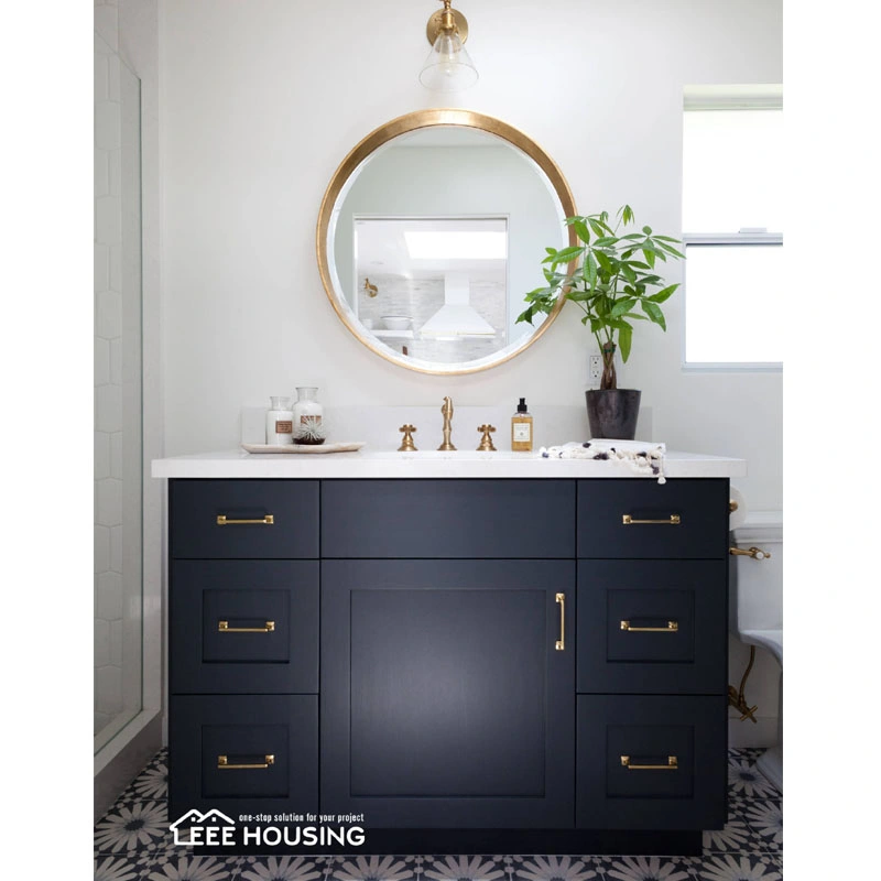 Modern Solid Wood Dark Blue Shaker Style Bathroom Cabinet Vanity Modern Style Classic Antique Floor Mounted Include Quartz Stone Countertops