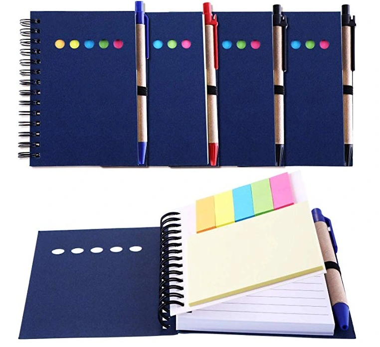 Kraft Paper Pocket Business Notebook Spiral Lined Notepad Set with Pen in Holder, Sticky Colored Notes Page Marker Tabs (Blue Cover)