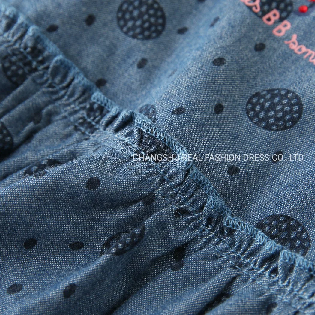 Children Clothes Girl Kids Woven Denim Dress Wear with Printing and Studs