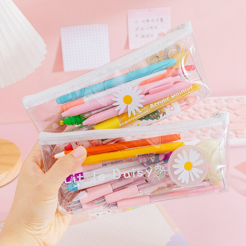 New Creative Small Daisy Student Pencil Case Simple Transparent Waterproof PVC Storage Bag Children Large-Capacity Pencil Case