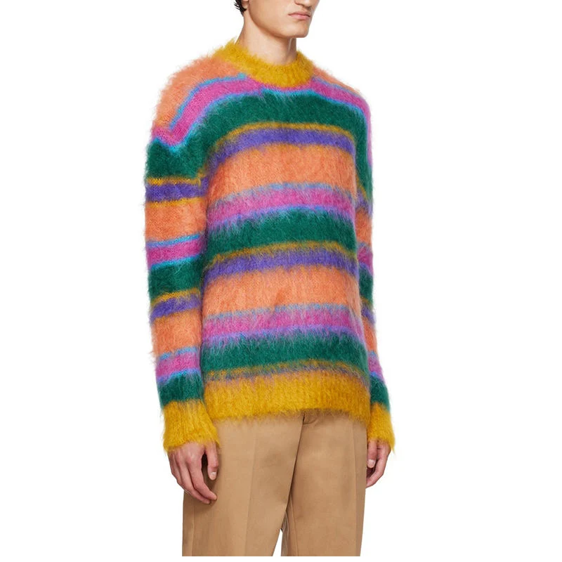 Camisolas personalizadas Fuzzy Knitwear Winter Knittrained Pullover Striped Mohair para homem