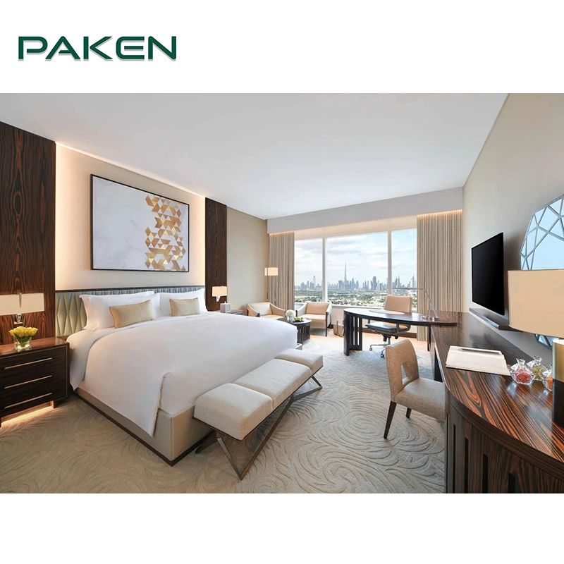 Dubai Luxury Hotel Bedroom Hospitality Furniture Guest Room Suite de madera Camas tamaño king, muebles de hotel de 5 estrellas personalizados