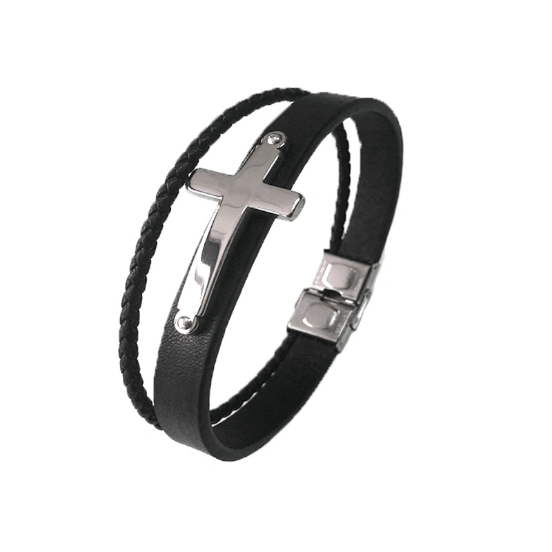 Silver Cross Stainless Steel Woven Leather Bracelet